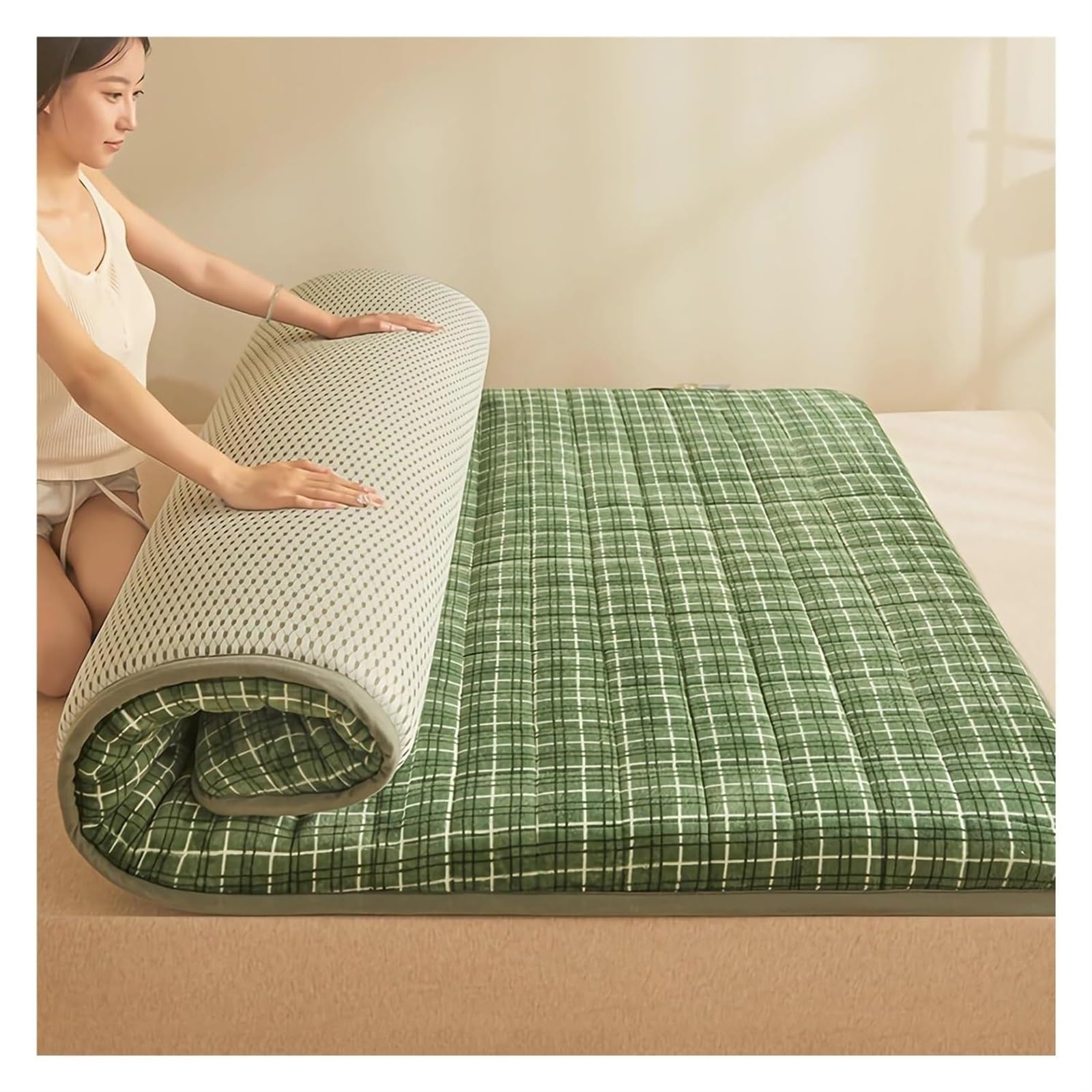 Meiiron Japanese Stripe Floor Mattress, 5cm Thicken Non-Slip Japanese Futon Mattresses Sleeping Pad Foldable Quilted Tatami Mattress for Student Dormitory Bedroom Living Room(Green,90x200cm)