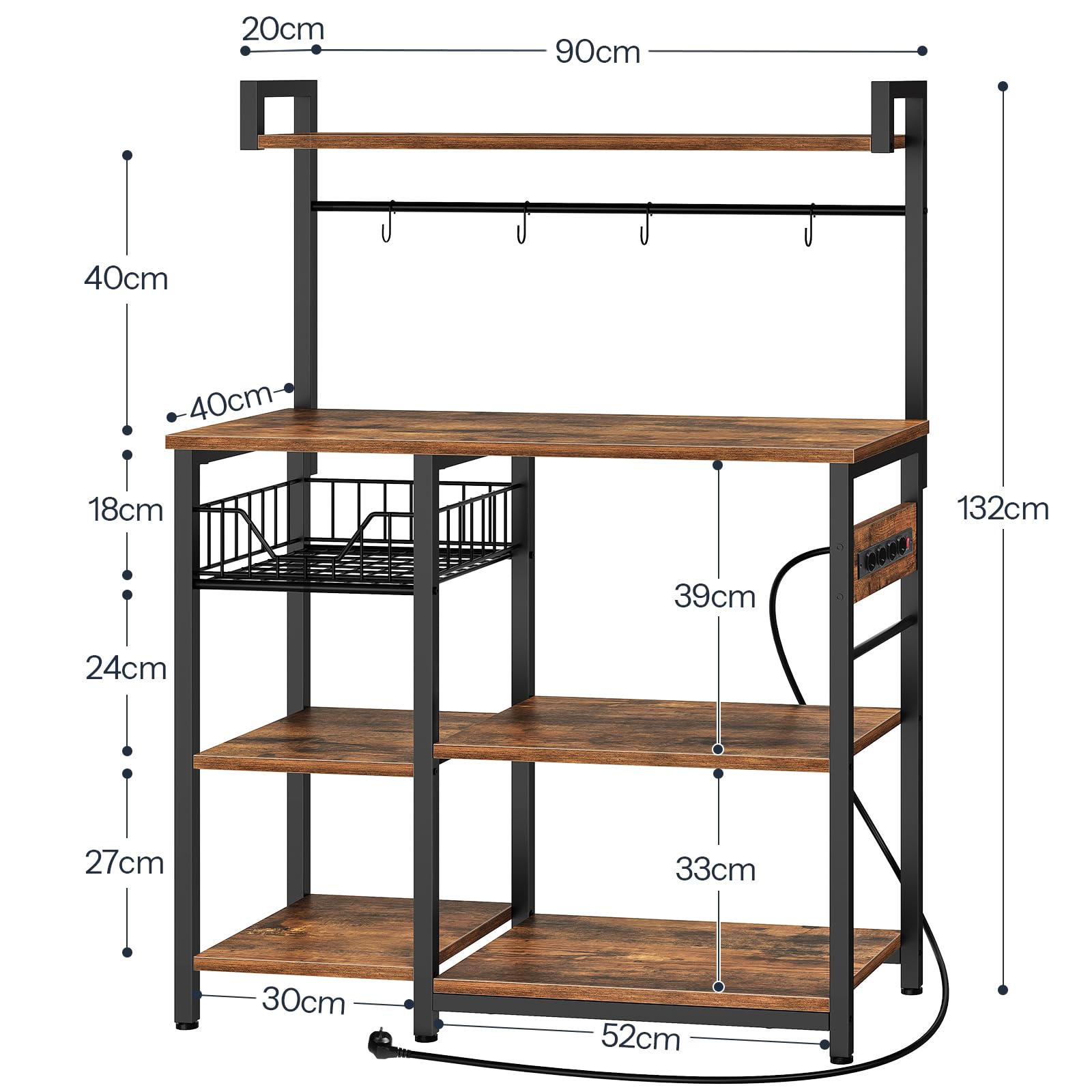 HOOBRO Küchenregal mit Steckdosen, Standregal für Küche, Regal, Mikrowellen-Ofenständer mit 4 S-Haken, 40 x 90 x 132 cm, rustikales Braun und Schwarz EBF05CHB01G1
