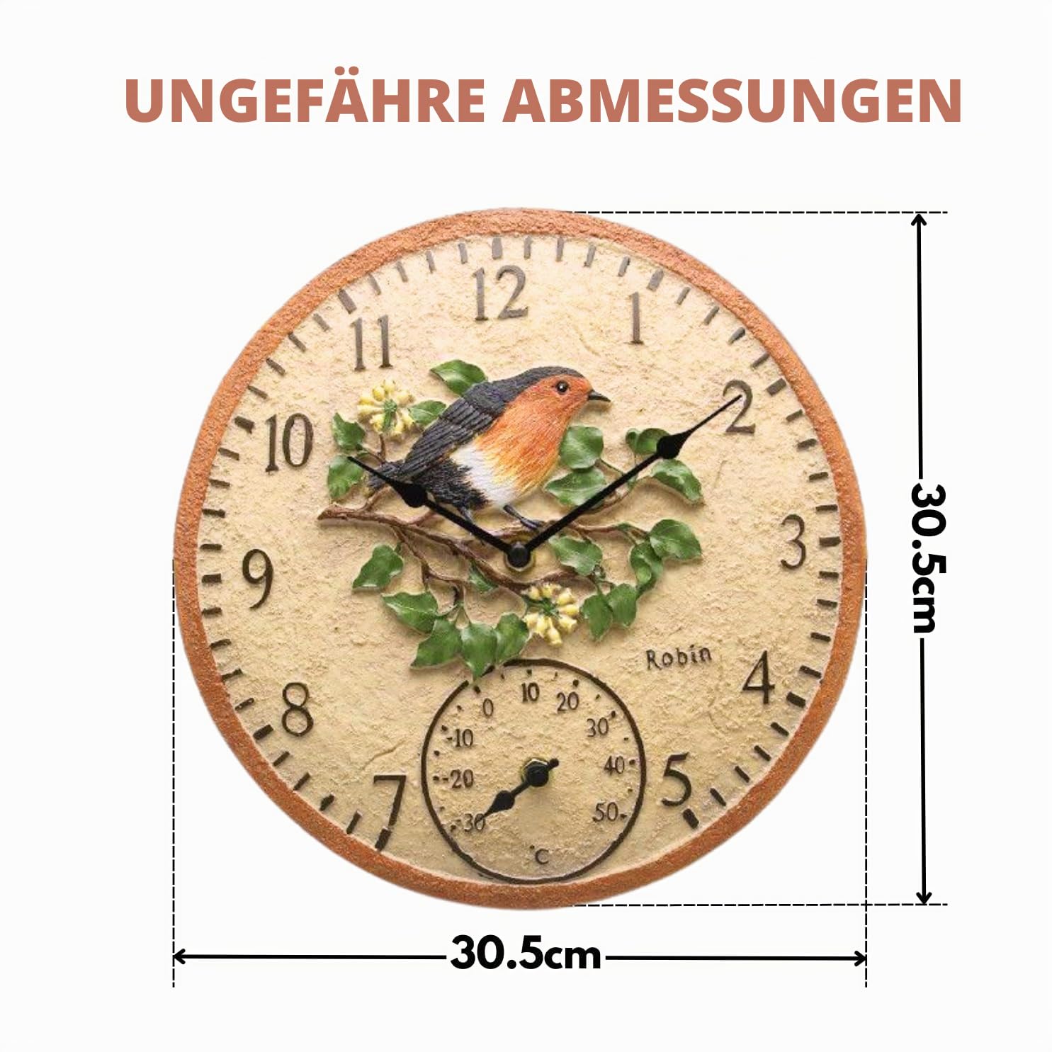 Garden Mile 30 cm Rotkehlchen-Gartenuhren für den Außenbereich, wasserdicht, mit Thermometer für Garten, analoge Außenuhren für Garten, wetterfest, Außenuhren für Küche, Wohnzimmer und Terrasse