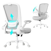 SONGMICS Sedia da Ufficio Girevole, Sedia di Rete da Computer Ergonomica, Supporto Lombare, Oscillante, Seduta 53 cm, Braccioli Pieghevoli, Grigio Tortora OBN037G02