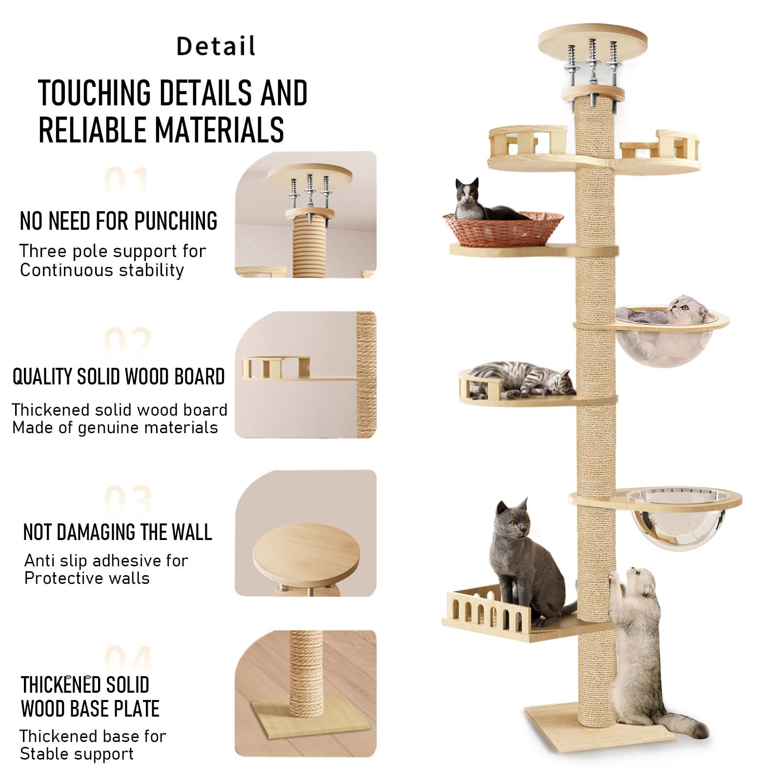 Árbol para gatos, suelo hasta techo, altura ajustable, poste rascador de cáñamo de 6 niveles, árbol de actividad para gatos alto y estable, rascador de gato interior según peso 20-30 kg, 2-3 gatos