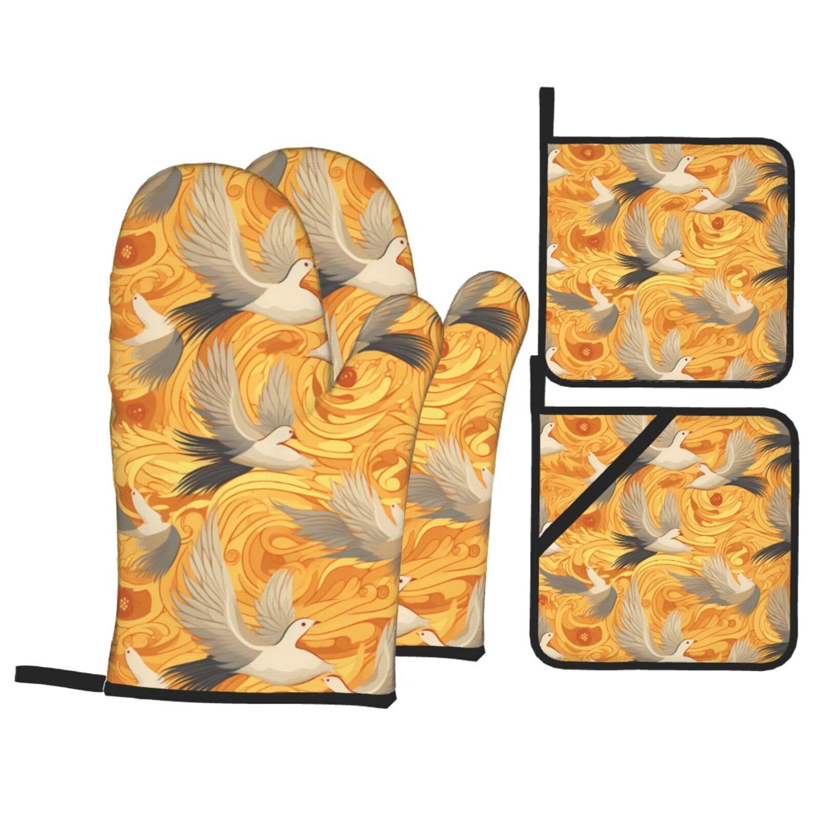 HJFCZH Dove Sun Art Picture Kitchen Baking Set of 4 Thick Insulated Oven Mitt & Pot Holders, Anti-Scalding for Microwave, Oven, Outdoor BBQ