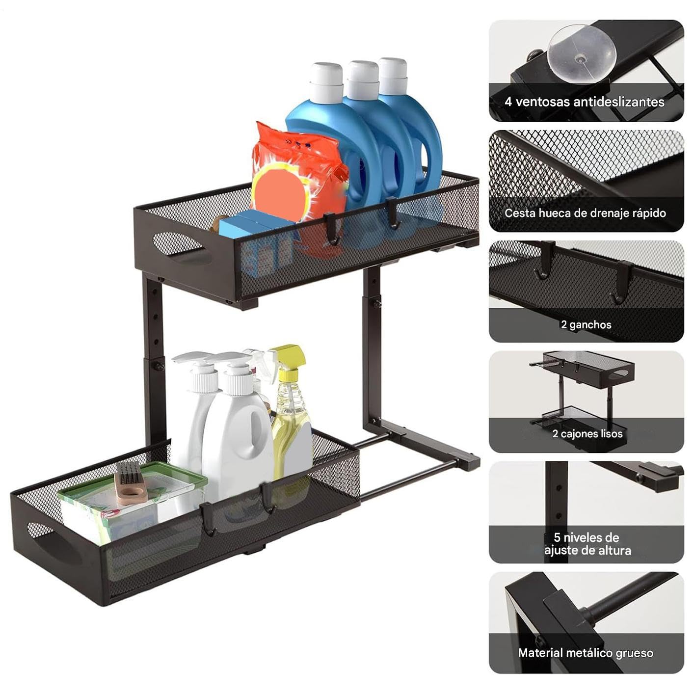 Organizador Para Debajo Del Lavabo Del Baño Organizador De Almacenamiento | Estante Organizador Ajustable En Altura Para Cocina Armario Hogar Cuarto De Lavado Y Baño