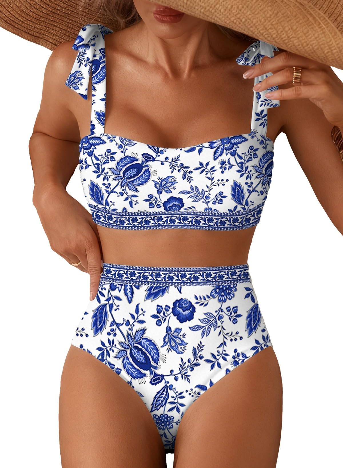 Herseas Women's Tie Shoulder Bikini Sets 2 Piece Striped Swimsuits High Waisted Bathing Suits
