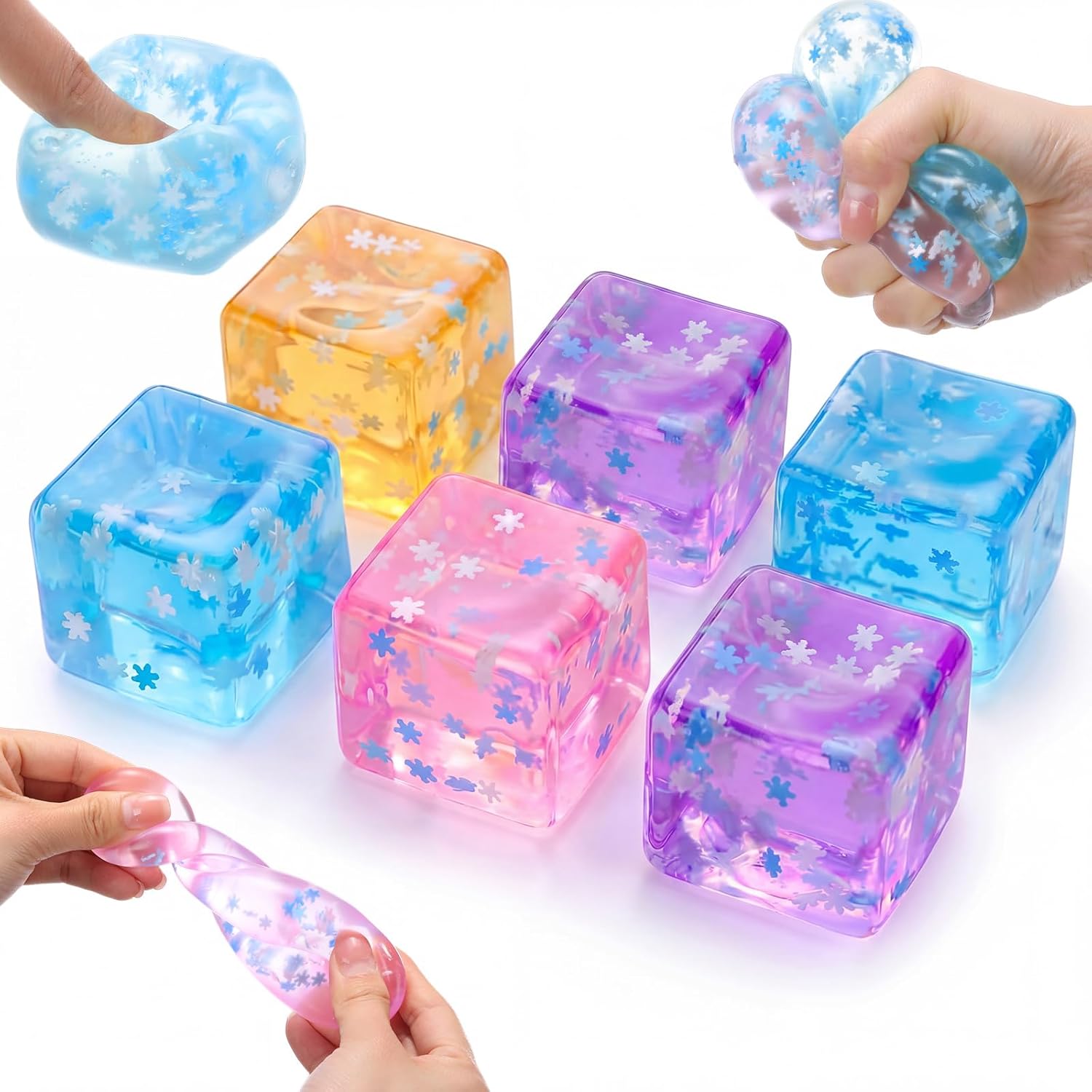 Gemscream 6 Pack Fidget Stress Cube Stress Ball Ice Cube Sensory Squeeze Blocks Anxiety Relief Sugar Balls for Party Favors Prizes Goodie Bag Stuffers (Gradient Flowing Style)