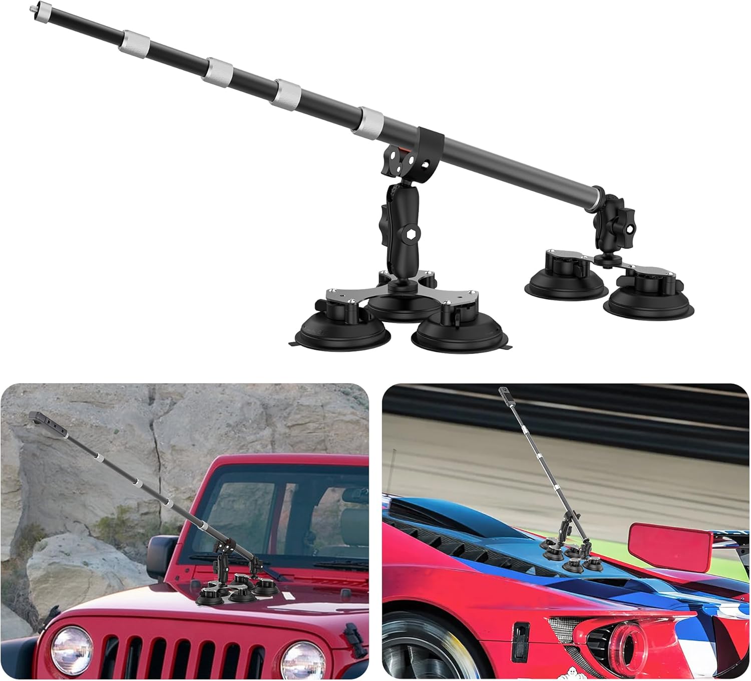 Five Suction Cup Car Mount for Insta360 Car Mount, 5 in 1 Suction Action Camera Mount with Invisible Selfie Stick for Insta360 X5 X4 X3, GoPro, DJI OSMO 360 Camera (Premium Locking Drop Proof Version)