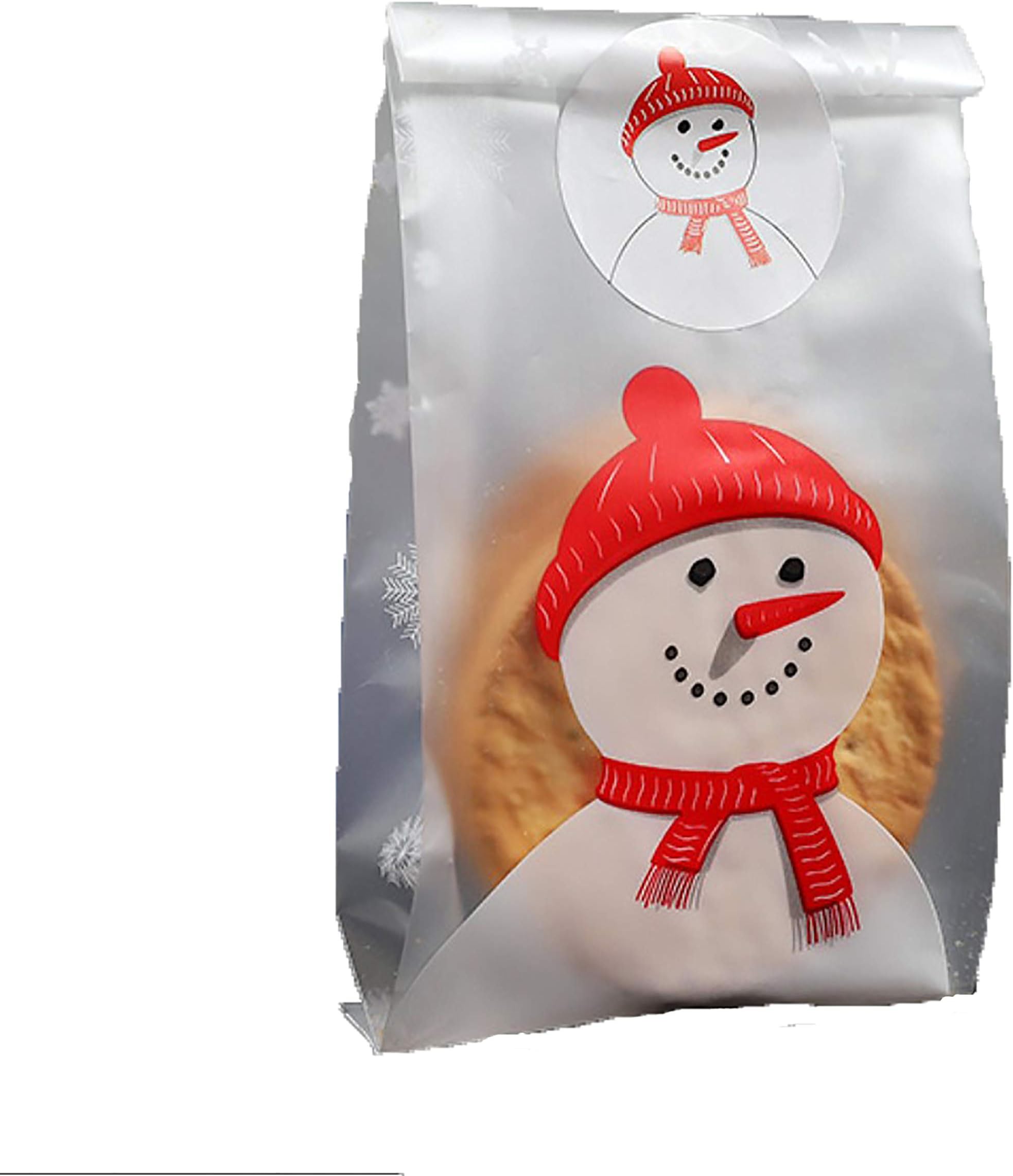 SCHOLMART Cellophane Treat Bags Snowman Cookies Candies Dessert Christmas Buddies Holiday Santa Claus Stickers (50 Pack) (3.5 x 9 Inch, Snowman)