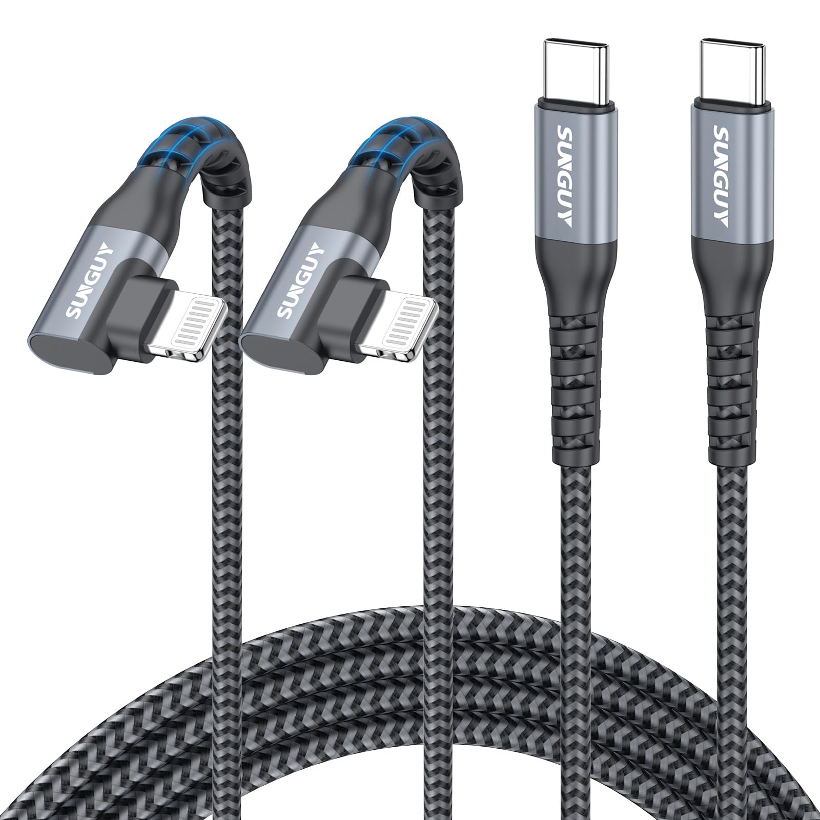SUNGUY Winkel USB-C auf Lightning Kabel 2M [2Stück], MFi Zertifiziert 90 Grad Lightning Kabel USB C Schnellladekabel geflochten für iPhone 14/13/12/11 Pro Max Mini X XS XR Plus SE