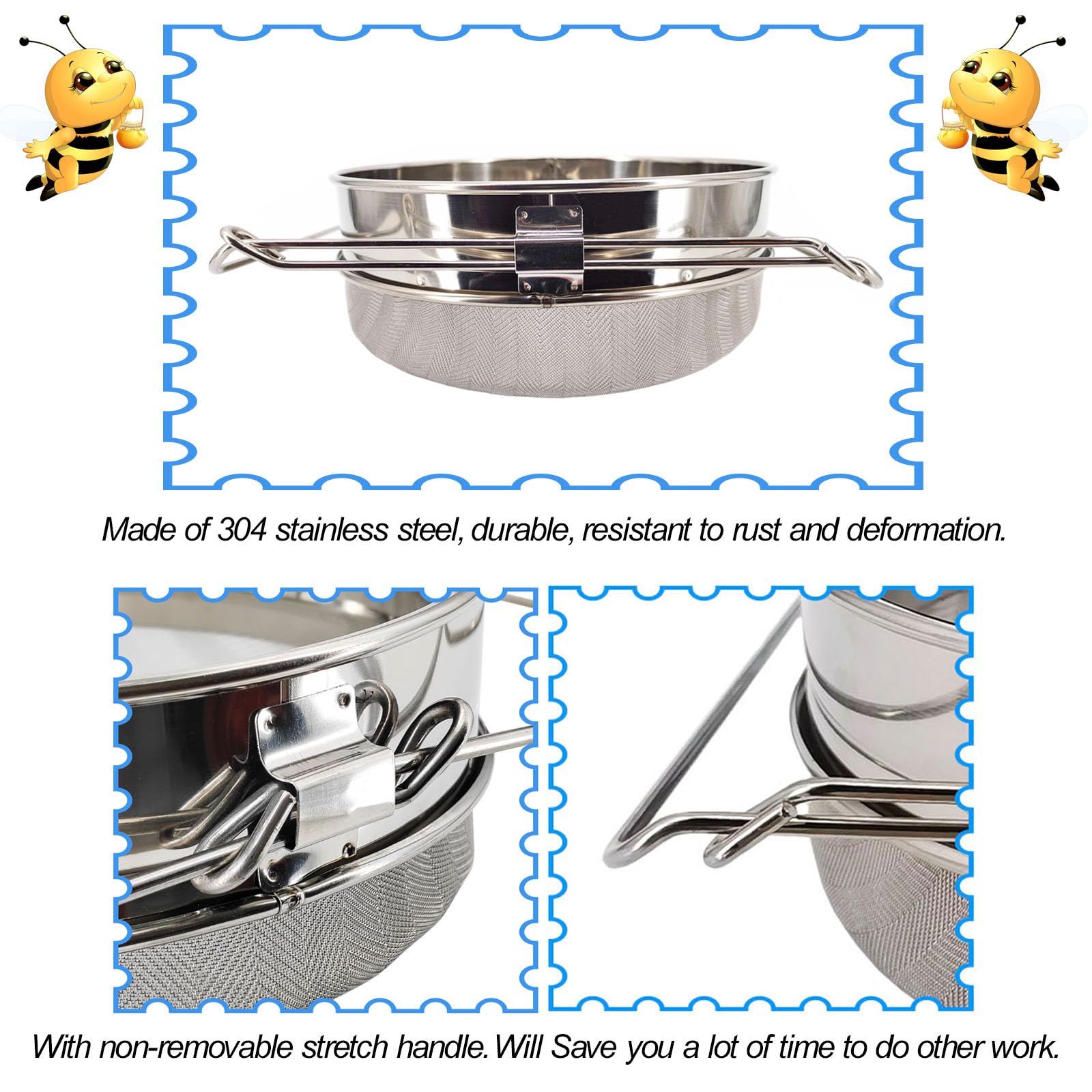 NIZEFEI Food Strainer Double Sieve Stainless Steel Honey Strainer for 5 Gallon Bucket with Up to 16.5 inches Extendable Arms