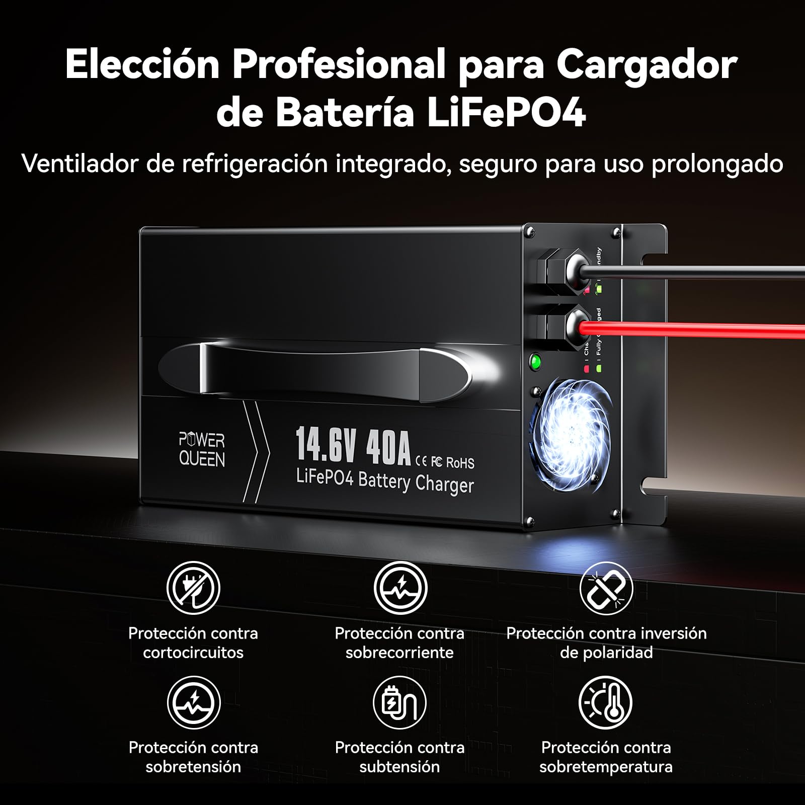 POWER QUEEN Cargador Rápido LiFePO4 14.6V 40A con Pantalla en Tiempo Real | Carga Rápida de 40A para LiFePO4 de 12V,Ideal para Ciclo Profundo,con Función de Precarga y 6 Protecciones Inteligentes