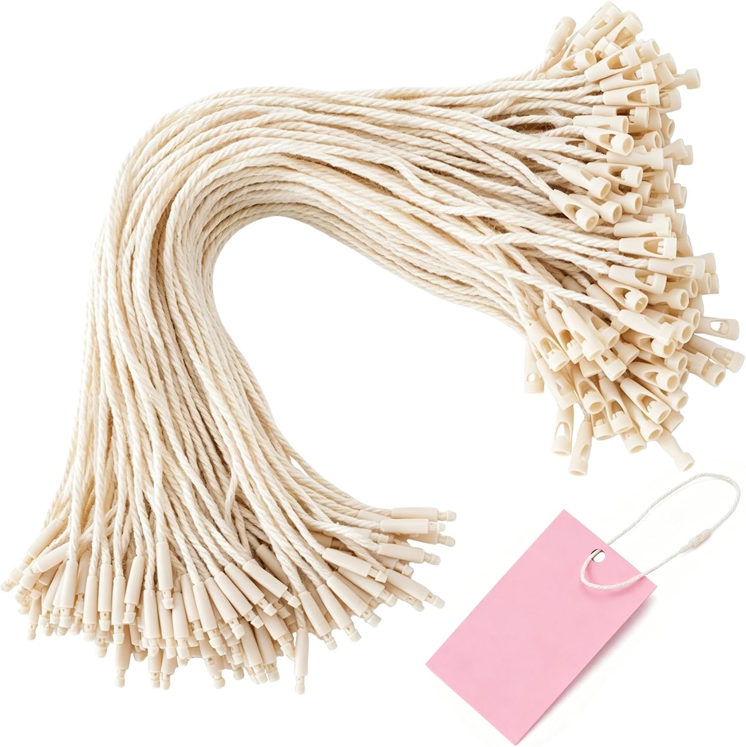 200pcs 8.3in Hang Tag String, Cotton Clothing Tag Rope with Plastic Snap Lock, Price Tags with Strings Manual Fastener Lanyards for Pricing Labels Luggage Jewelry Shoes - Beige