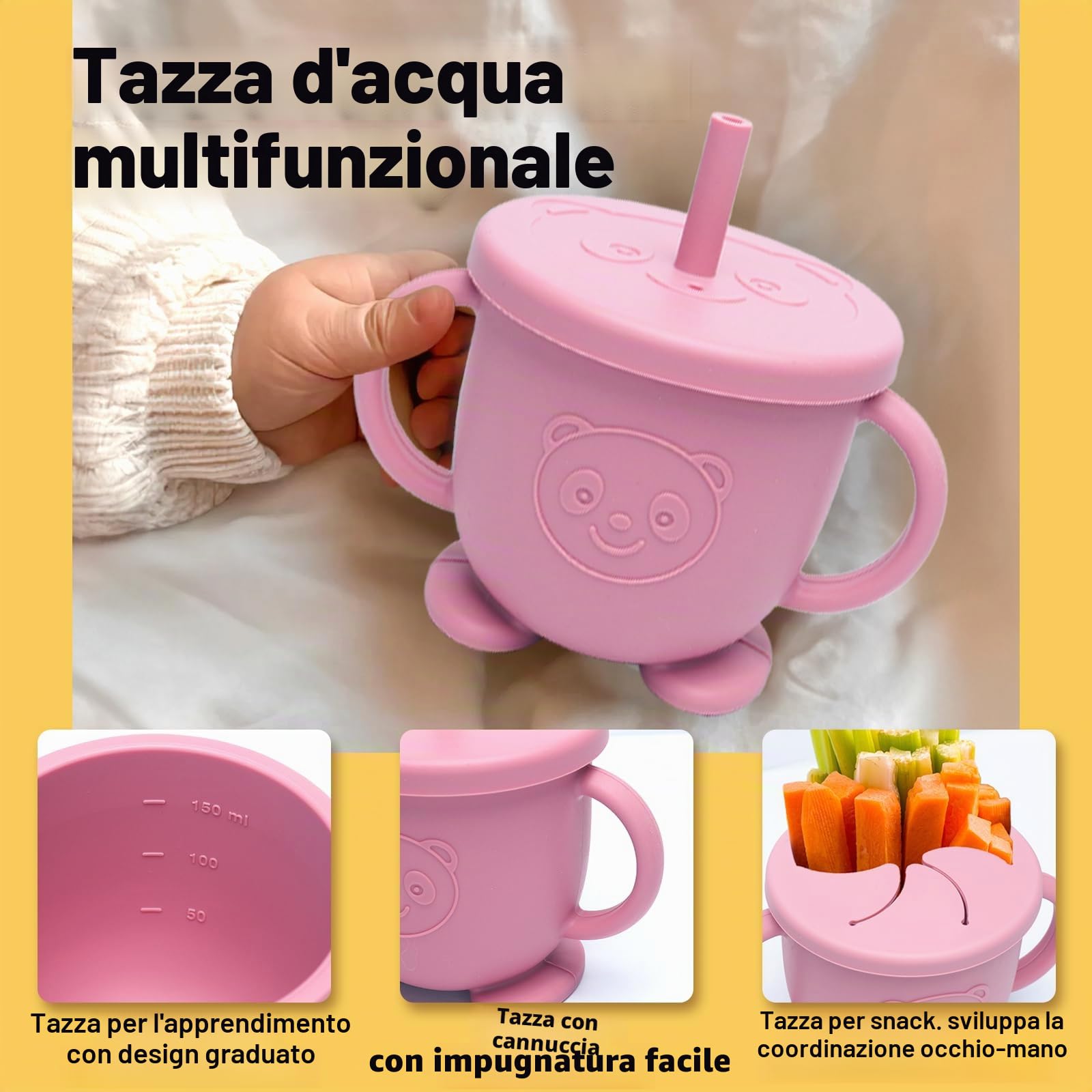 Posate set da 10 pezzi in silicone antiscivolo con ventosa, bavaglino, ciotola, cucchiaio, forchetta, beige
