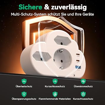 Double Plug for Socket 3-Way Multiple Plug for Sockets USB PD20W 4000W/16A Multiple Socket with 3 USB Ports Multiple Socket Wall Mounting with Switch Socket Adapter White