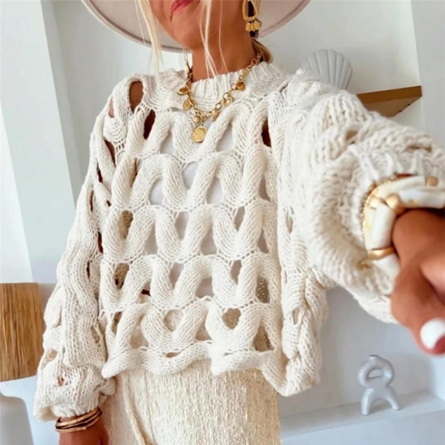 Perbai Womens Hollow Out Sweater Crew Neck Long Sleeve Oversized Crochet Knit Summer Coverup Crop Top