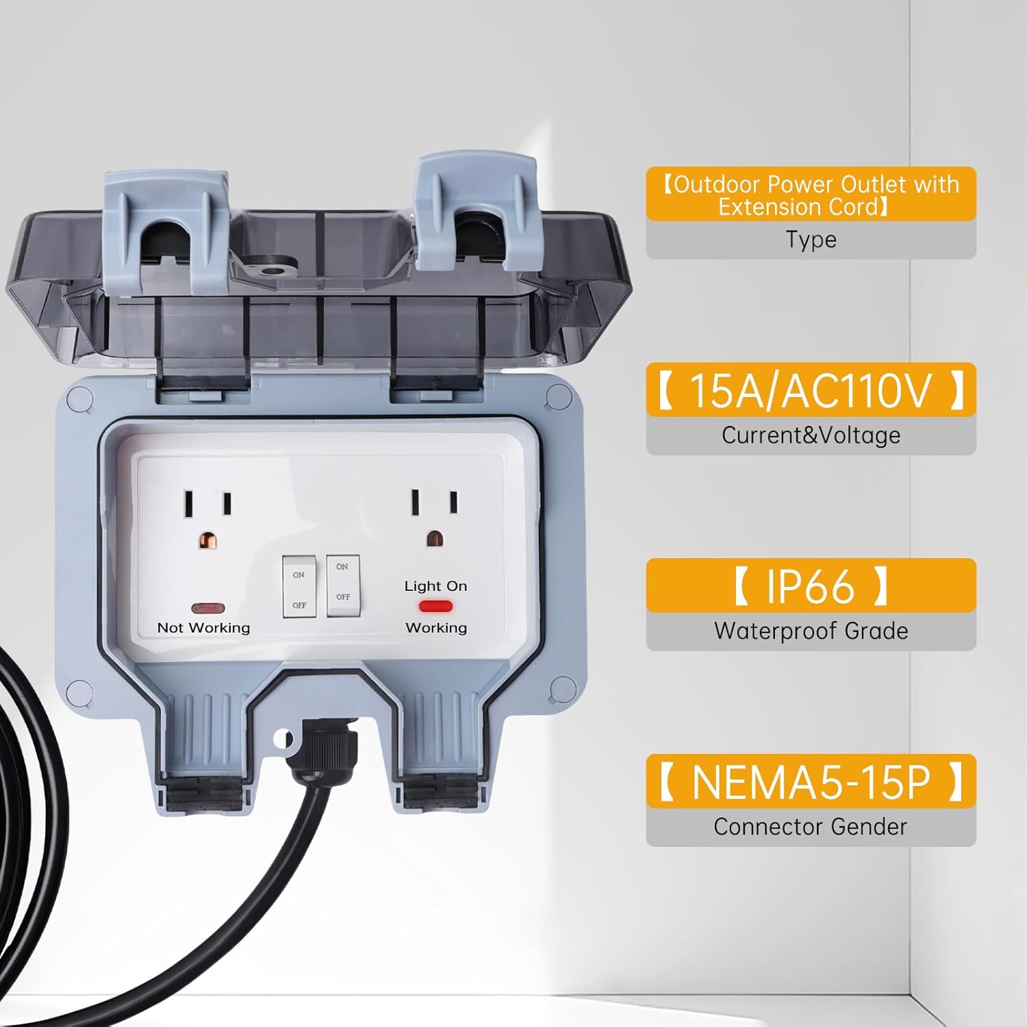 STARELO Outdoor Power Outlet with 10FT Extension Cord, IP66 Waterproof Outdoor Wall Power Socket with Cover, 14AWG 125V 15Amp 2-Gang Switched Wall Plug Socket Box with Switch On-Off and LED Indicator