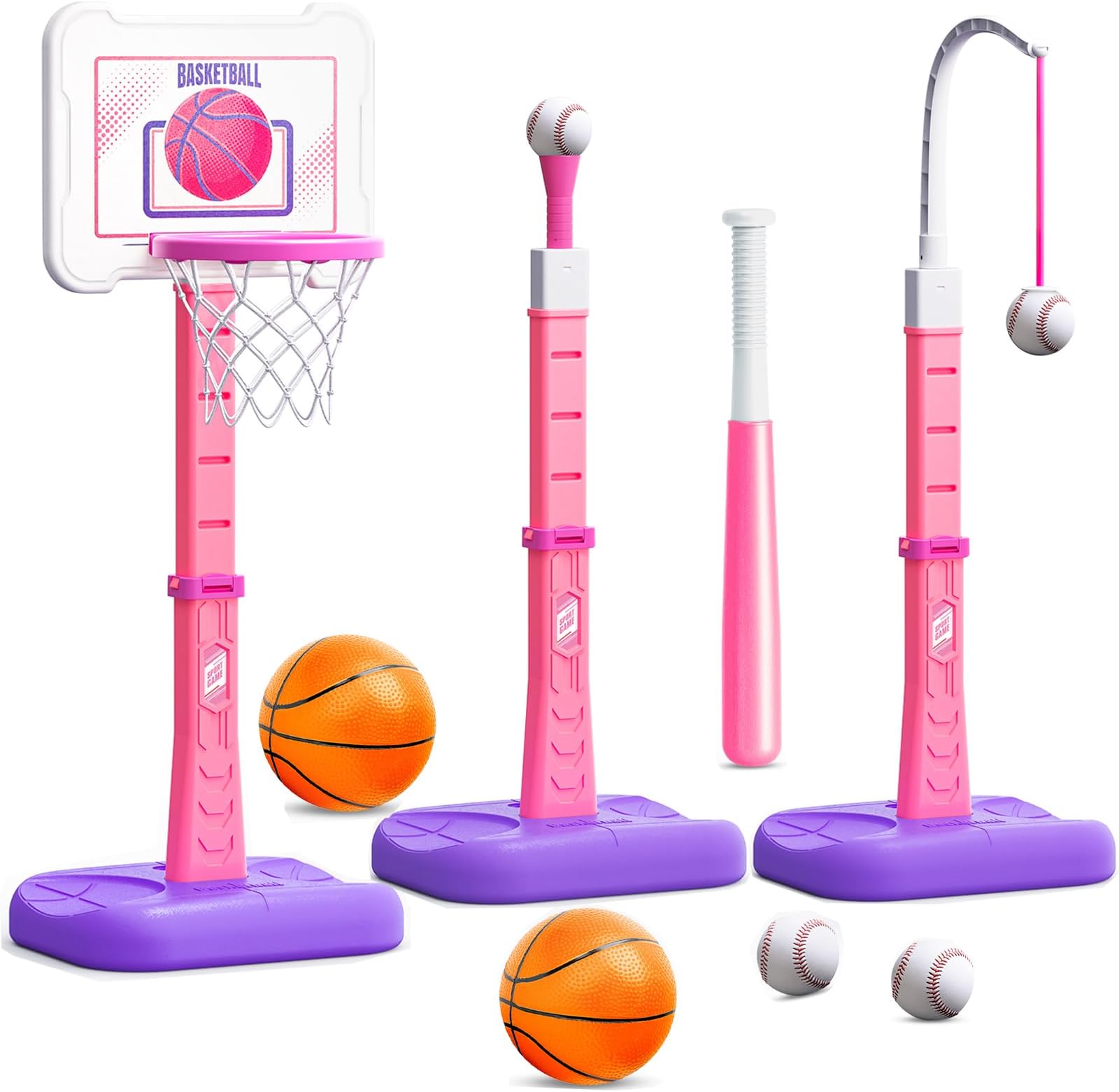 3 in 1 Kids Basketball Hoop and T Ball Set, Adjustable Height Toddler Basketball Hoop, Hanging Tee Baseball, Indoor Outdoor Sports Toys Gifts for Toddlers Boys Girls Ages 3 4 5 Year(Blue