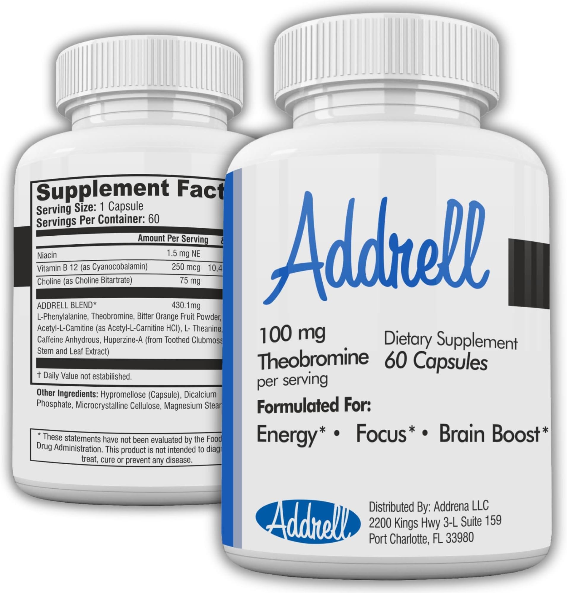 Addrell Energy Stimulant Pills- Natural Nootropic Brain Supplement Alternative Pill & Study Supplements Substitute to Elevate Mental Clarity for Women & Men OTC- 60 Mind Booster Capsules