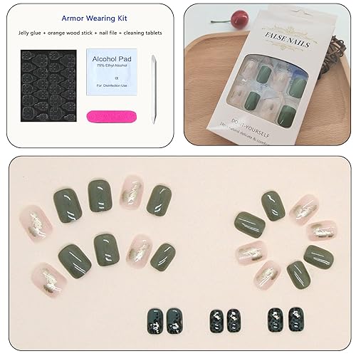 Miniatura 5 de Uñas cortas a presión con estampado de leopardo verde, uñas postizas cuadradas acrílicas de cobertura completa con diseños gráficos de lámina