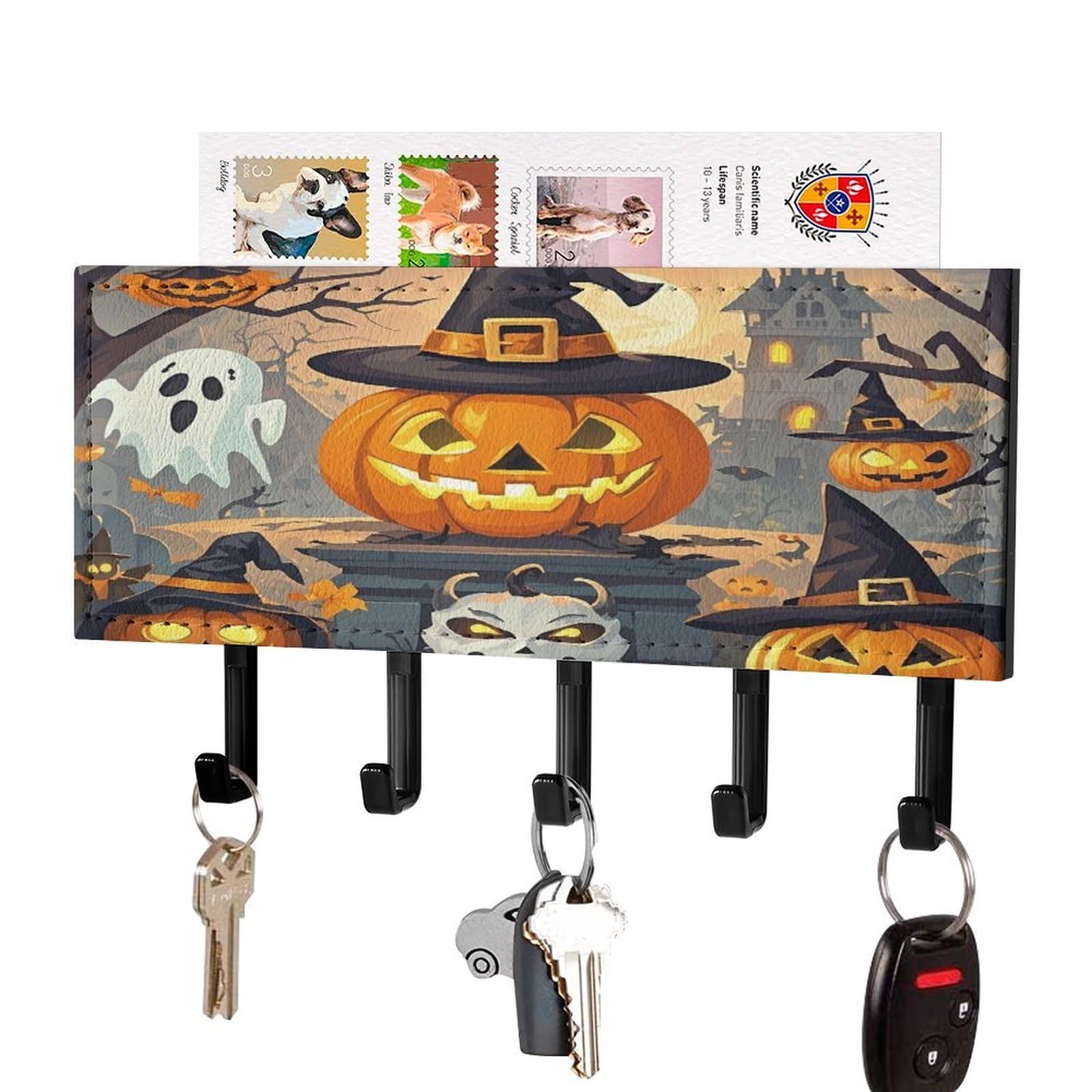 FekiLoot Halloween Pumpkins Key Holder for Wall Decorative Mail Organizer with 5 Key Hook Self Adhesive Key Rack with Tray Coat Rack Wall Mount Key Hanger Decor for Entryway Door