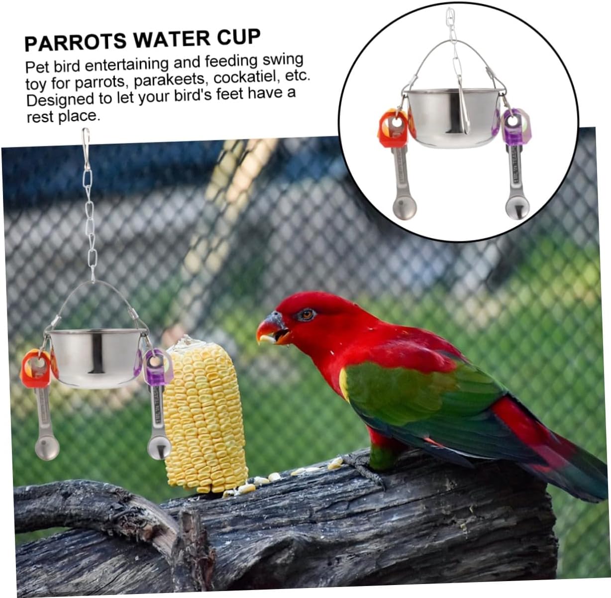Parrot Hanging Feed Cup Swing Stand with Large Capacity Stainless Steel image 3