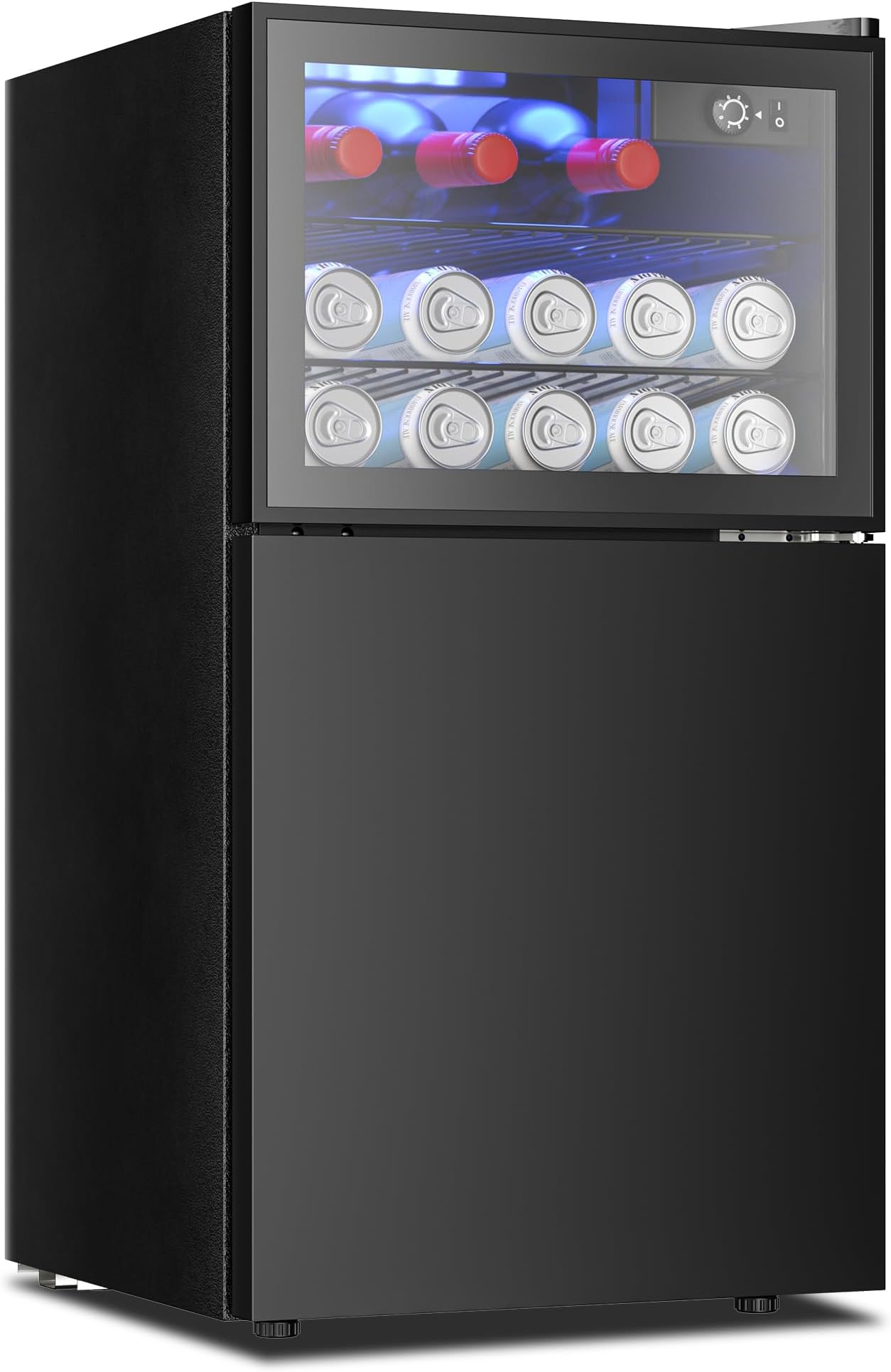 Double Door Mini Fridge With Freezer, Freestanding Wine Cooler Refrigerator With Reversible Door, Compact Refrigerator Temperature Control, Wine Fridge Perfect For Kitchen Home Office.