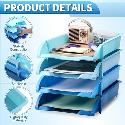 Miniatura 3 de ReliThick Bandejas de papel apilables para bandejas de cartas de escritorio, bandeja organizadora de archivos de plástico para soporte de papel A4,