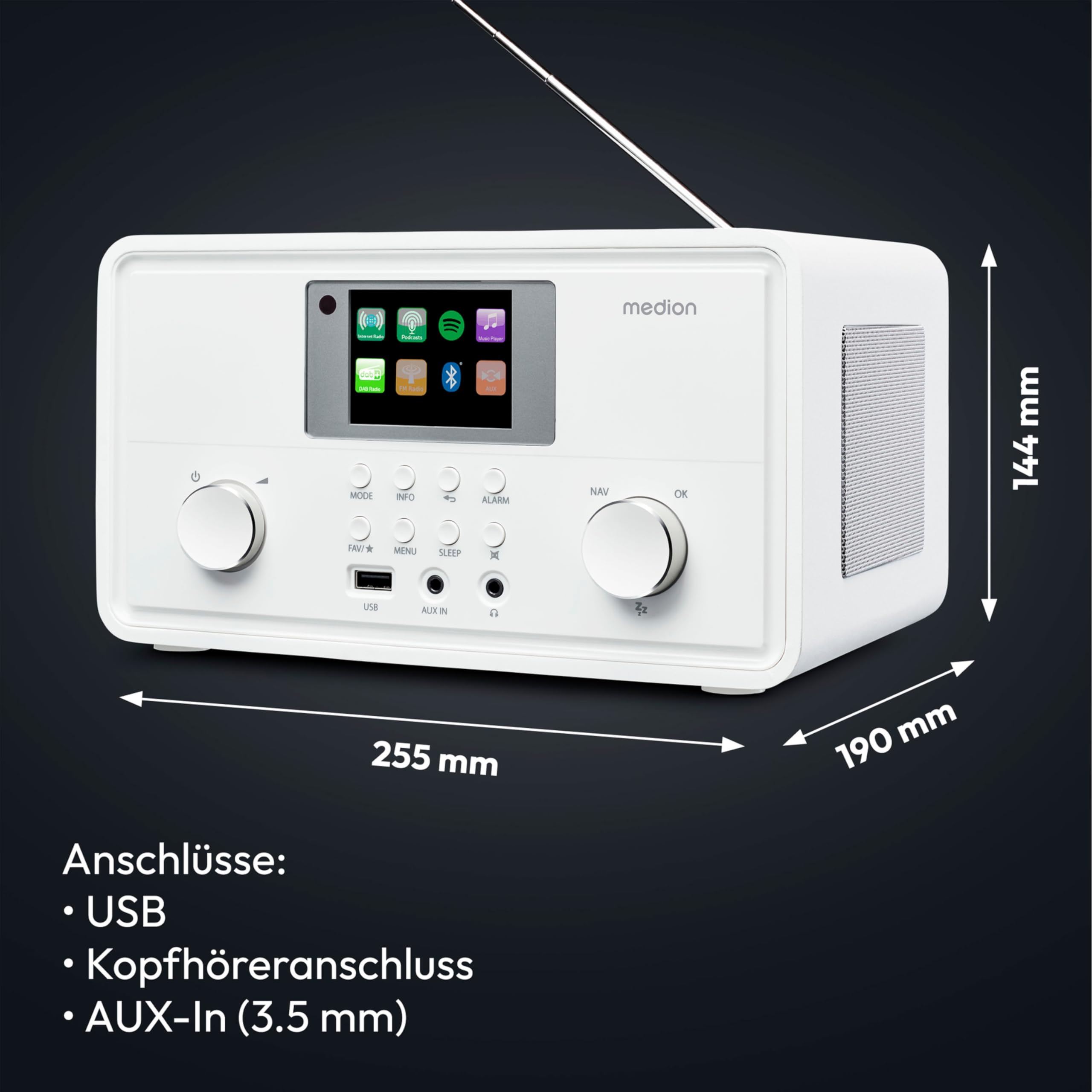 MEDION P85027 Internetradio (DAB Plus, UKW Radio, Spotify Connect, WLAN, Bluetooth, Streaming, Equalizer, Farbdisplay, USB, AUX, Wecker, Schlummerfunktion, Sleep Timer) weiß