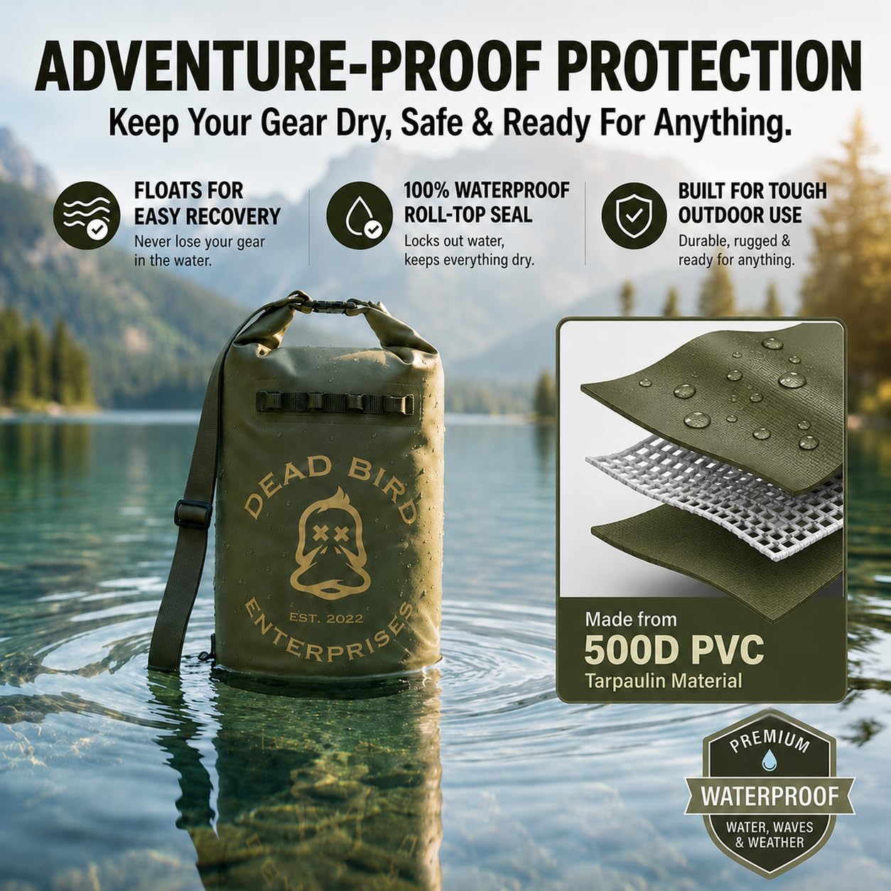 Dead Bird Enterprises Wasserdichter 20-Liter-Trockensack, militärgrüne Muscheltasche mit Roll-Top-Verschluss für Entenjagd, Kajakfahren, Camping, Strand, Bootfahren und Angeln, 500D PVC-Plane