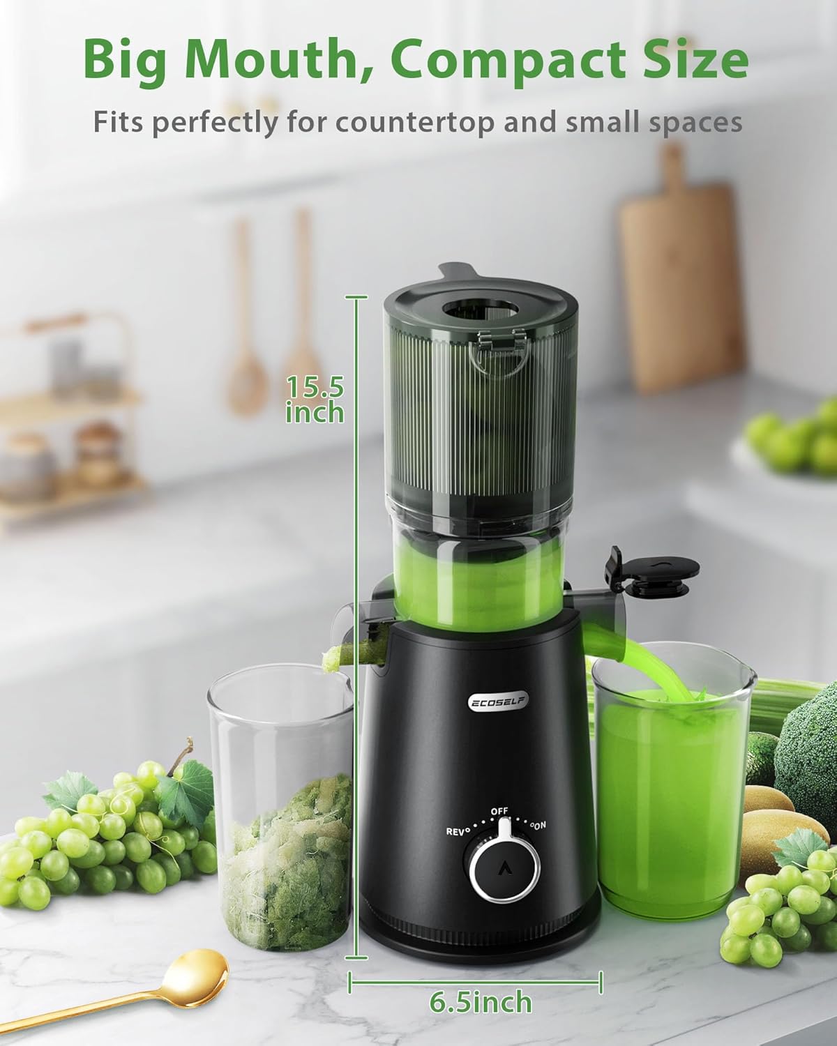 ECOSELF Cold Press Juicer - Wide Mouth Hopper for Fruits & Vegetables & Leafy Greens - Juicer Machines with Self Feeding - Hands-Free Design - Juice Extractor Machine Easy to Clean With Brush