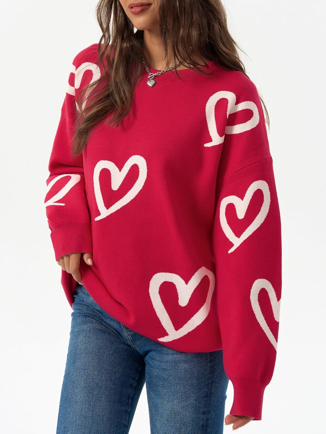 Saodimallsu Womens Oversized Heart Sweater Crew Neck Long Sleeve Knit Cute Valentines Pullover Sweaters - Image 4