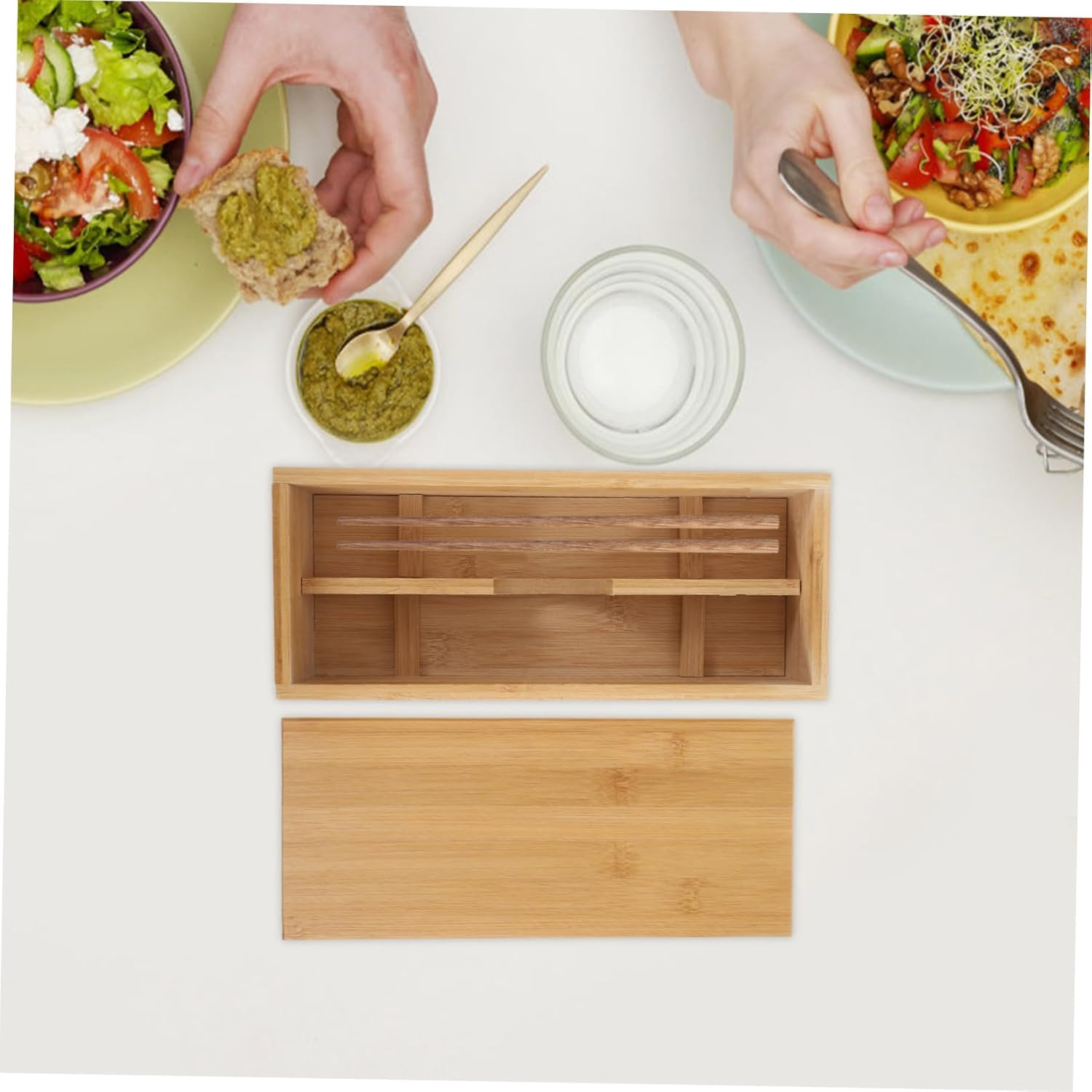 KICHOUSE Stackable Cutlery Organizer Bamboo Utensil Holder Kitchen Cutlery Drainer Drawer Organizer for Kitchen Table Spoon Holder