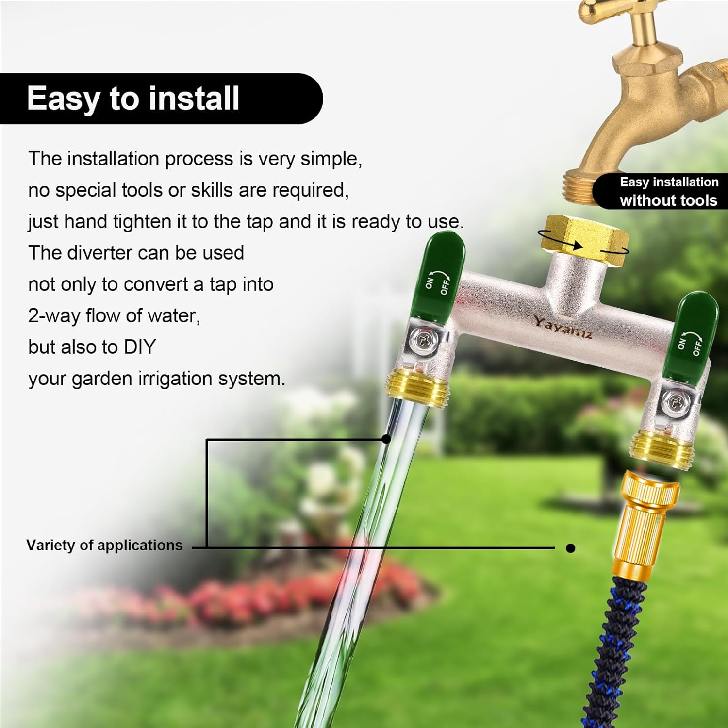 Garden Hose Splitter, 3/4” Rust and Freeze Resistant Outdoor Hose Manifold with 2 green Extra Long Handles Faucet Adapter-Heavy Duty Brass Nickel Plated 2-Way Valve