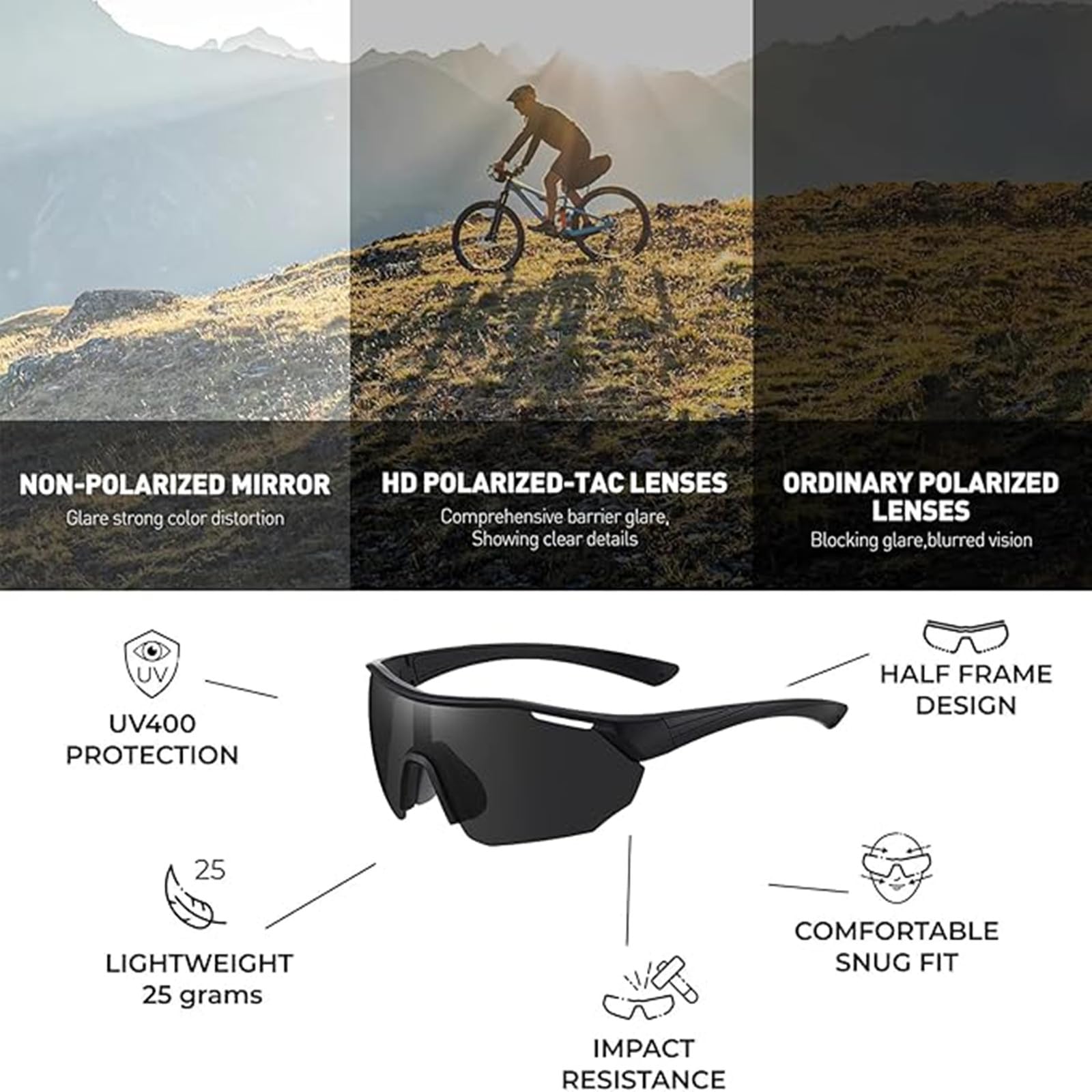 Occhiali da sole sportivi, occhiali da ciclismo polarizzati per uomo e donna, occhiali da ciclismo con protezione UV400 per MTB, bici da strada, sci, rave, ciclismo, golf, baseball, corsa