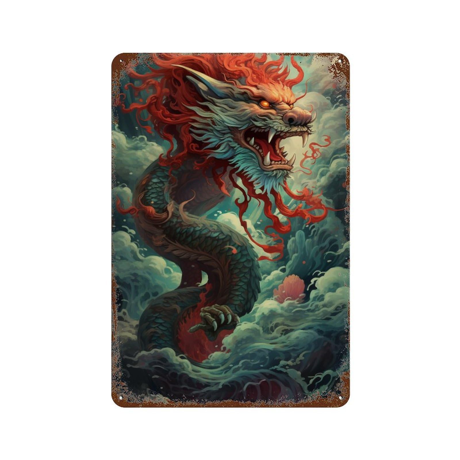 Distressed Metal Wall Sign with Chinese Dragon Artwork Design 11.8"x7.9", for Cafe, Home Bar And Lounge Decor, Retro Wall Decor