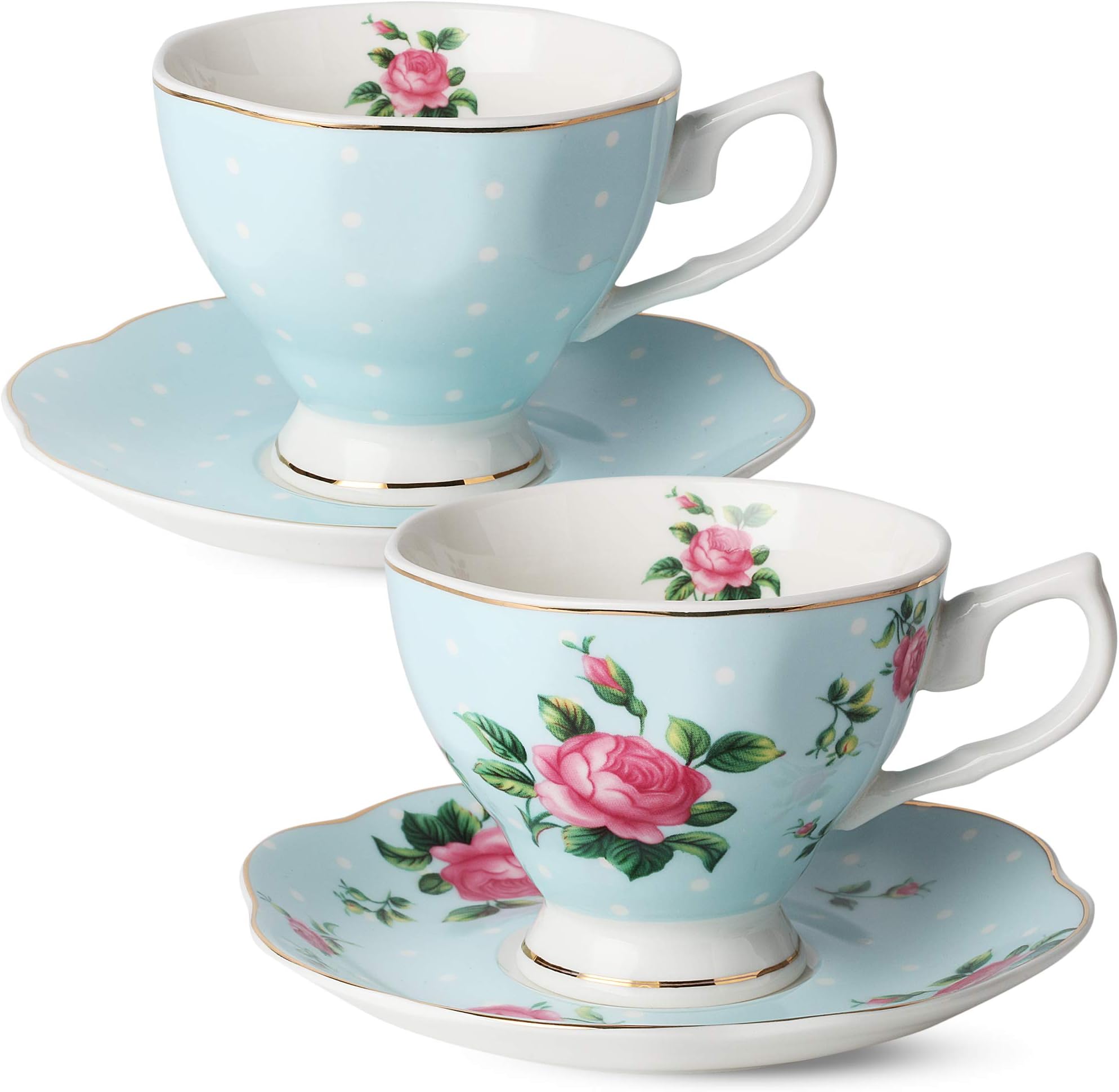 BTaT- Floral Tea Cups and Saucers, Set of 2, 8 oz, Fine Porcelain Teacup Set with Gold Trim for Afternoon Tea, Weddings, Parties & Gifting, Dishwasher Safe, Lightweight, Non-Toxic, Mothers Day Gift