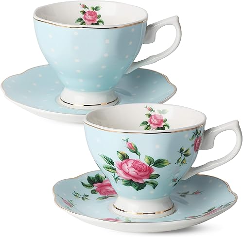 BTaT- Juego de 2 tazas de té y platillos florales, 8 onzas, con borde dorado, tazas de café, juego de tazas de té floral, tazas de té británicas,