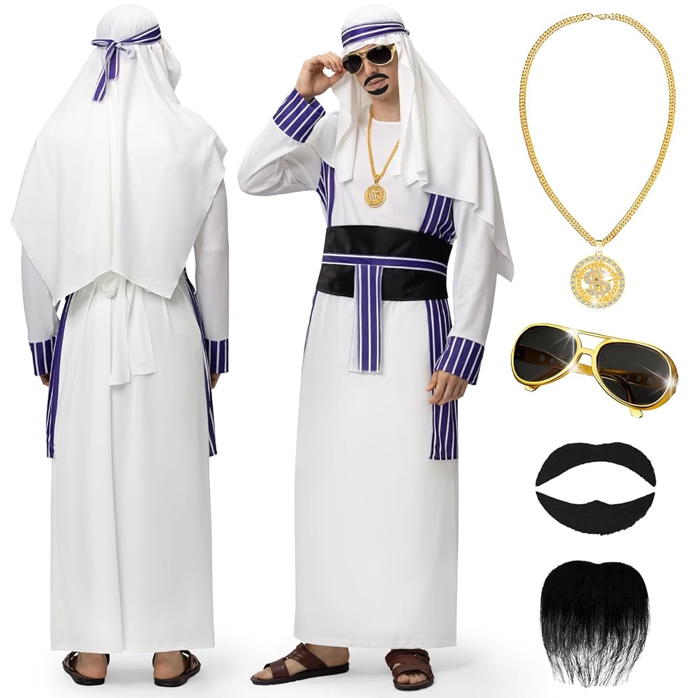 Scheich Kostüm Herren Komplett-Set - Arabisches Gewand Mit Kopftuch, Sonnenbrille & Schmuck