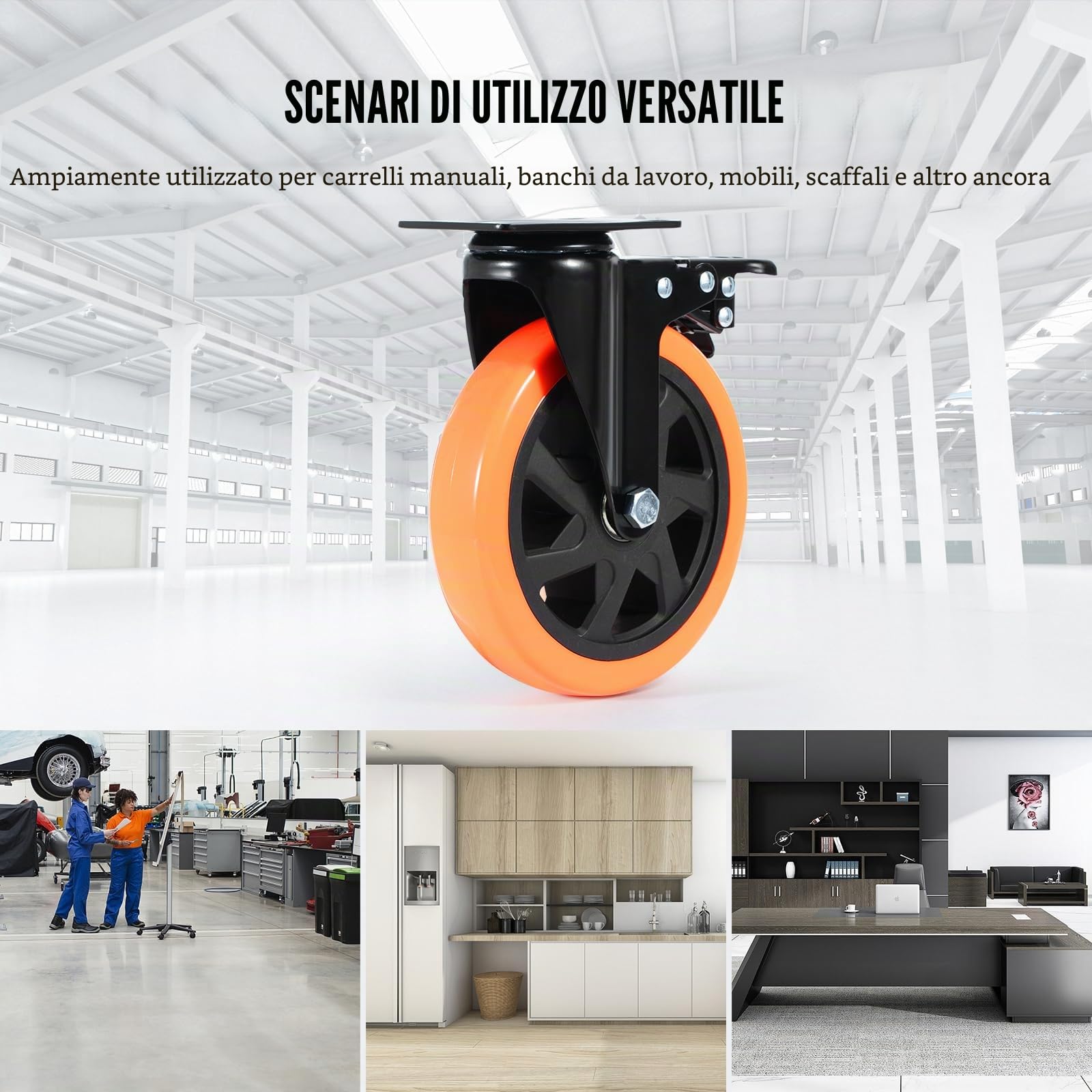 VEVOR Ruote Girevoli Set di 4 Rotelle per Mobili Industriali Ruote Silenziose in PVC Diametro da 152,4mm con Freno di Bloccaggio A/B Capacità Carico 318kg per Rotella per Carrelli da Banco da Lavoro