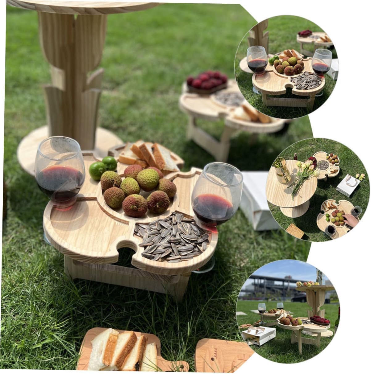 Lurrose Portable Folding Wine Table for Outdoors, 35cm Wooden Petal Shape Picnic Table with Beverage Rack, Beach and Camping Picnic Supplies