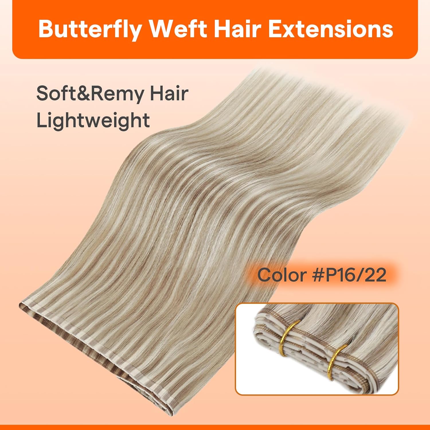 Full Shine Butterfly Hair Extensions Remy Straight Hair Weft Extensions Color Platinum Blonde Mix Dark Blonde Double Side Pu Hole Weft Human Hair Invisible Genius Weft For Women 22 Inch 100G