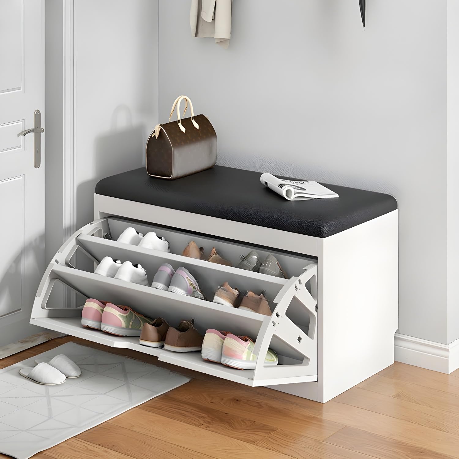 LITFAD Modern Shoe Storage Bench with Doors Entryway Shoe Bench with Cushion Seat Hallway Bench with Shoe Storage Cabinet Free Standing Hidden Shoes Organizer - 31.5" L x 12" W x 18" H White
