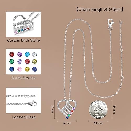 Miniatura 6 de Jeweidea Personalized Heart Necklace with 2-6 Simulated Birthstones Custom Name Mother Daughter Chain Pendant for Women Mom Birthday