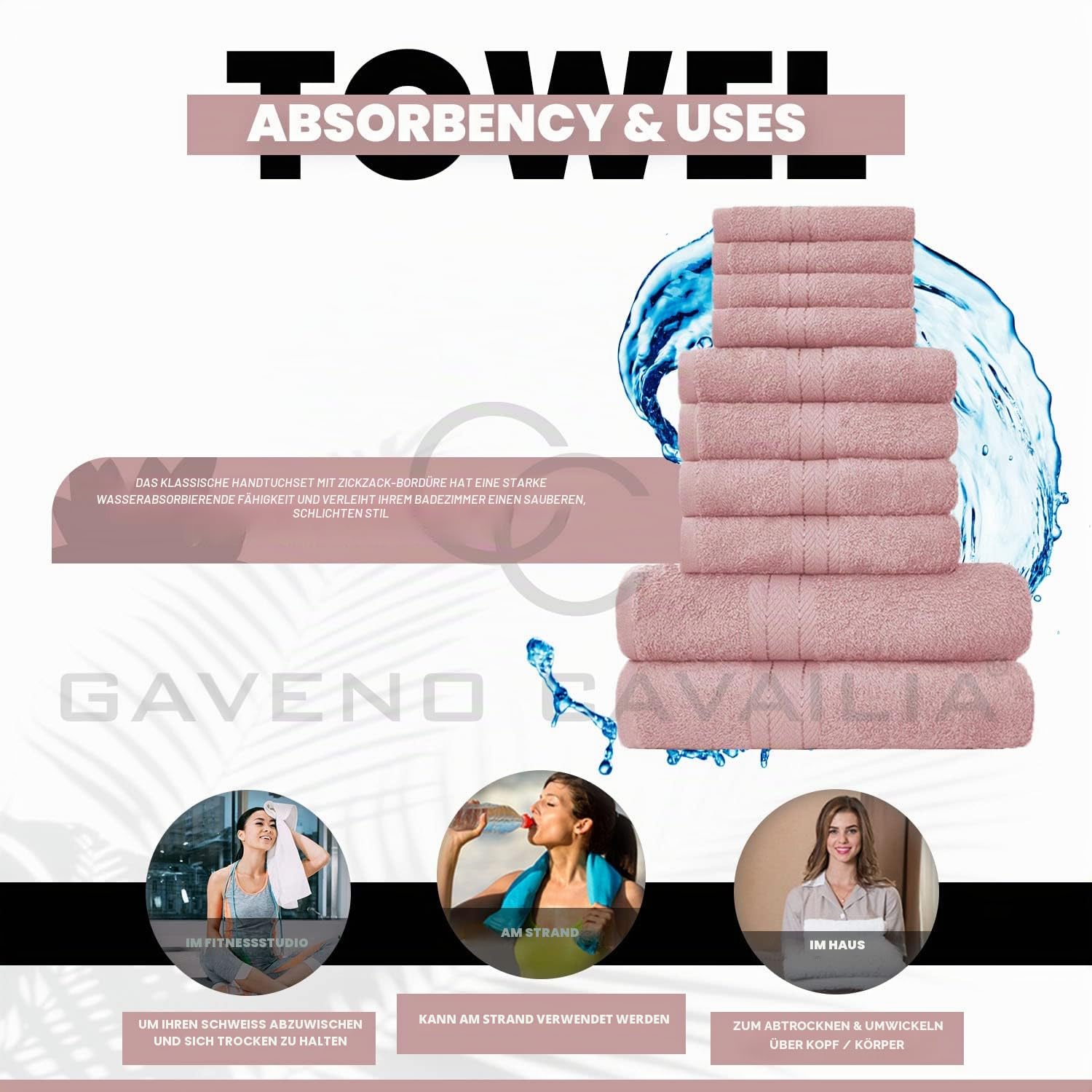GC GAVENO CAVAILIA Weiche Handtücher – 10-teiliges Badezimmer-Handtuch-Set, hochwertig, wasserabsorbierendes Handtuch, 4 Gesicht, 4 Hände, 2 Badetuch, 450 g/m² waschbare Handtücher, Blush Pink