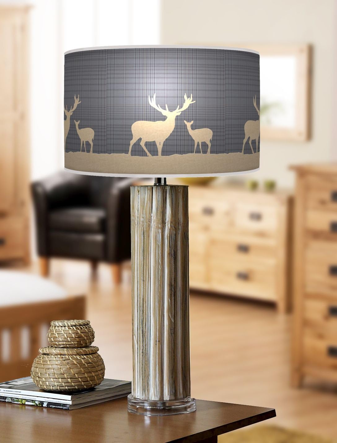 68cm Large Dark Bamboo Wood Table Lamp with Giclee Printed Smoke Blue Lampshade Deer Stag 736