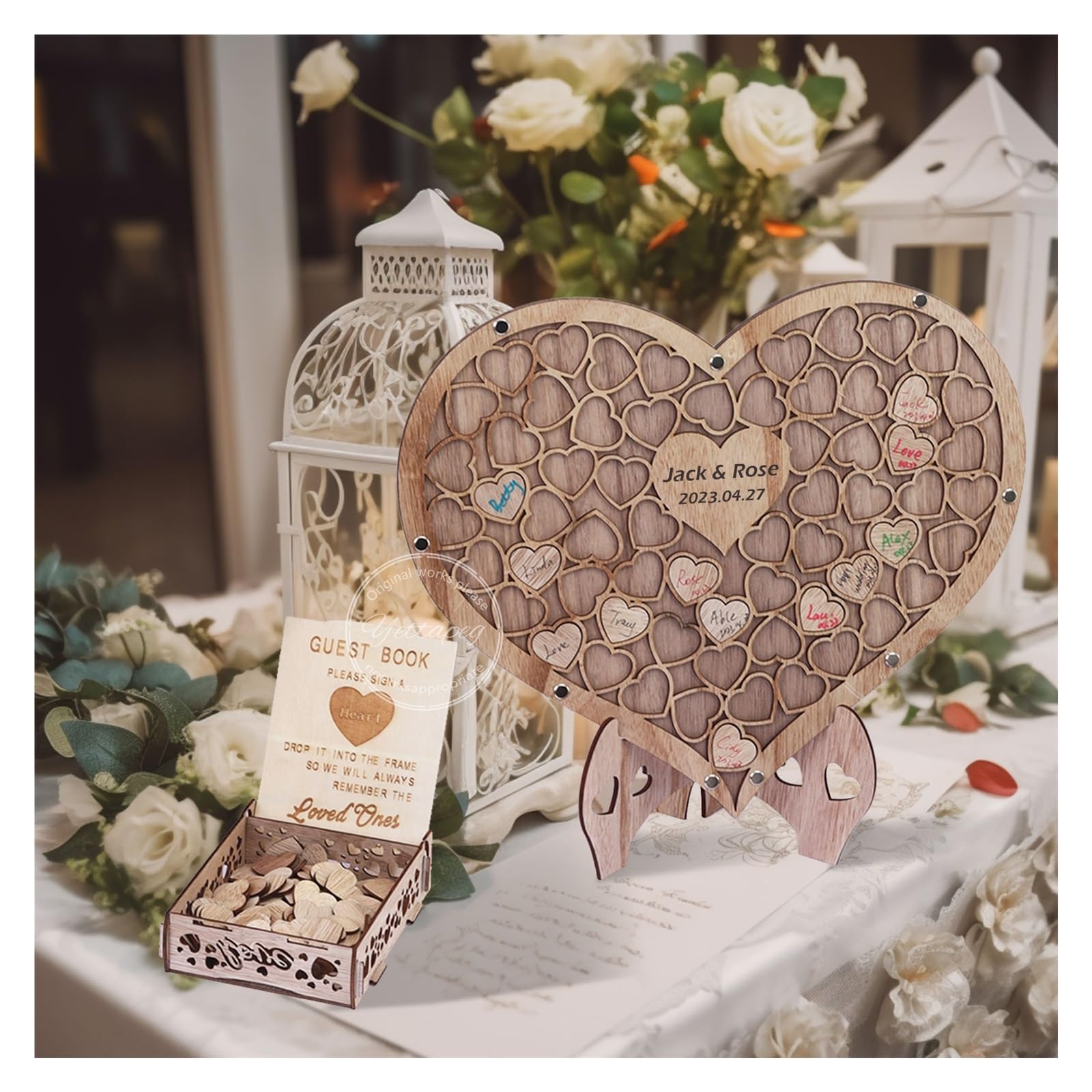 Erinnerungsbuch Gästebuch-Dropbox for Hochzeiten, Hochzeitsgästebuch, alternatives Dekor, Drop-Herz-Gästebuch aus Holz in Herzform, Gäste-Dropbox for Hochzeiten, süße Herz-Dropbox(Set 80pcs Heart)