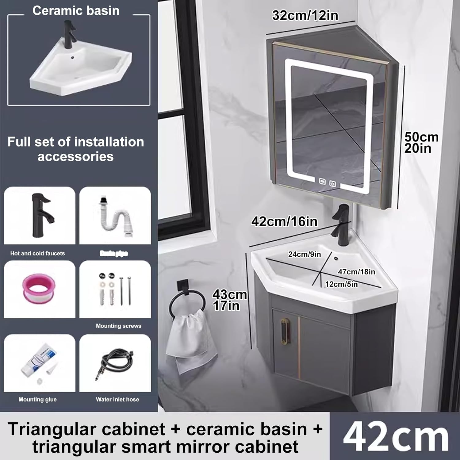 Corner Bathroom Vanity, Corner Vanity Cabinet with Ceramic Sink & Anti-Fog LED Mirror Cabinet, Small Bathroom Vanity, Wall Mounted Bathroom Vanity Sink Set for Small Space(White,43cm/16)