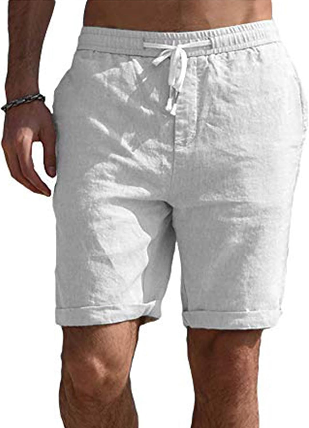 DGHM-JLMY Men's Solid Lace-Up Cotton Linen Casual Shorts Loose Comfort Outdoor Beach Shorts Summer Breathable Elastic Shorts