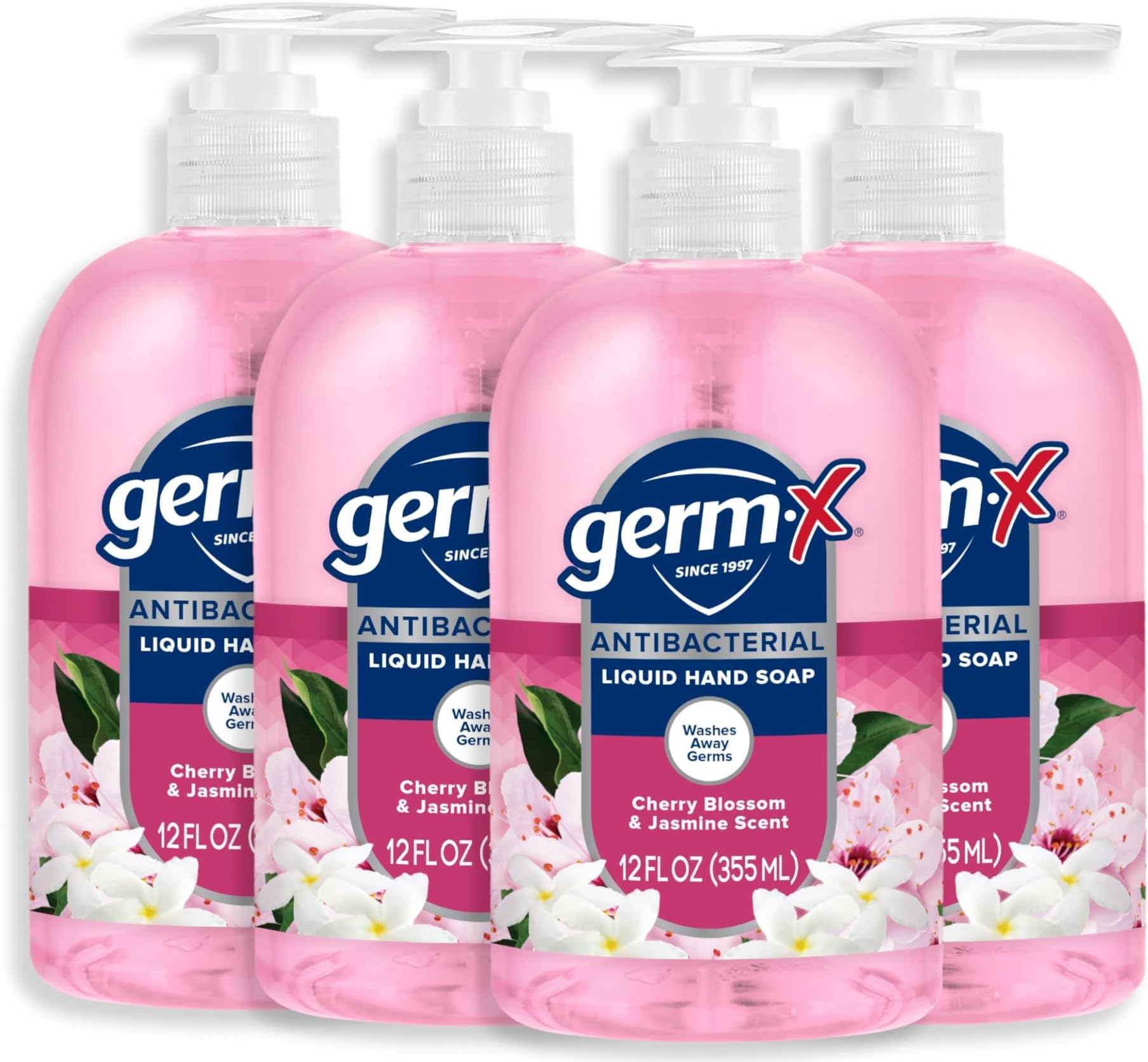 Germ-X Antibacterial Hand Soap, 12 Oz (Pack 4), Moisturizing Liquid Hand Wash for Kitchen or Bathroom, pH Balanced & Dermatologist Tested, Jasmine & Cherry Blossom Scent, Pump Bottle