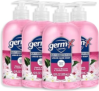 Germ-X Antibacterial Hand Soap, 12 Oz (Pack 4), Moisturizing Liquid Hand Wash for Kitchen or Bathroom, pH Balanced & Dermatologist Tested, Jasmine & Cherry Blossom Scent, Pump Bottle
