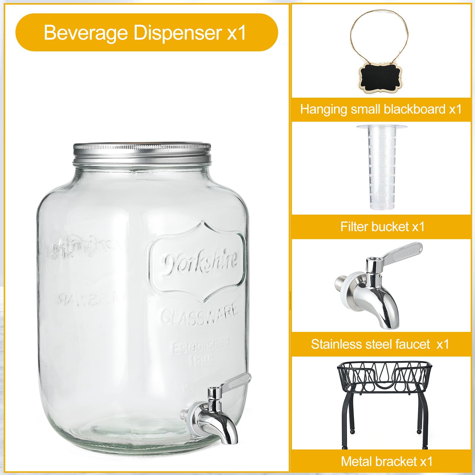 Dispensador de bebidas de vidrio de 2 galones con soporte e infusor de frutas, espiga de acero inoxidable, dispensadores de bebidas de vidrio para fiestas, dispensadores de bebidas con tapas para